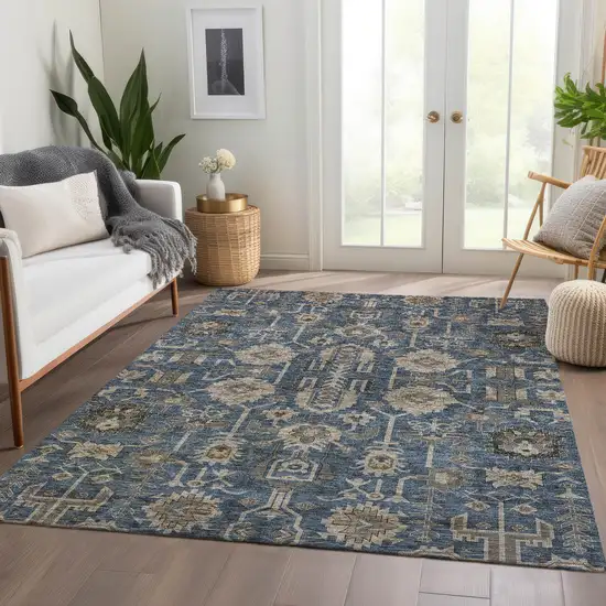 Navy Blue Beige And Taupe Oriental Washable Indoor Outdoor Area Rug Photo 7
