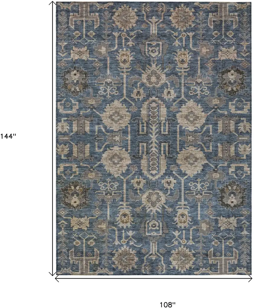 Navy Blue Beige And Taupe Oriental Washable Indoor Outdoor Area Rug Photo 3