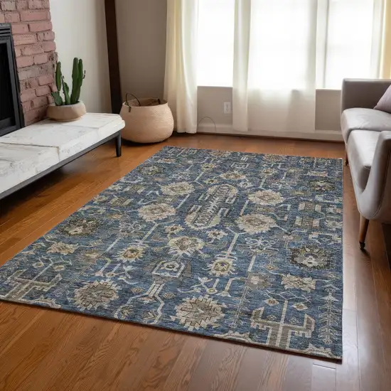 Navy Blue Beige And Taupe Oriental Washable Indoor Outdoor Area Rug Photo 8