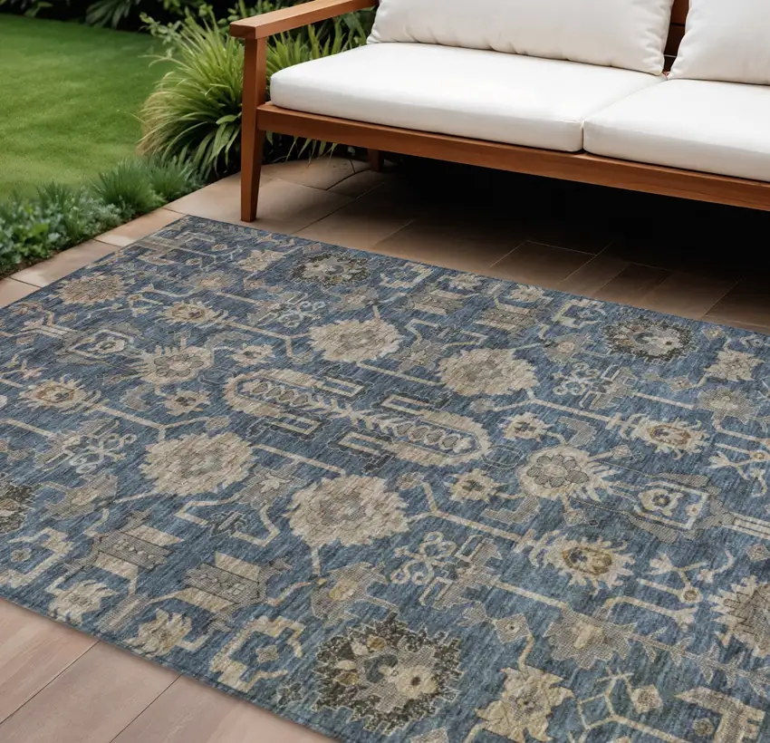 Navy Blue Beige And Taupe Oriental Washable Indoor Outdoor Area Rug Photo 1