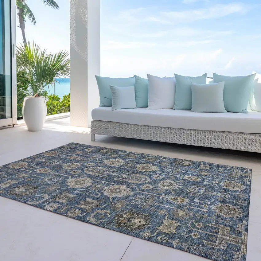 Navy Blue Beige And Taupe Oriental Washable Indoor Outdoor Area Rug Photo 9