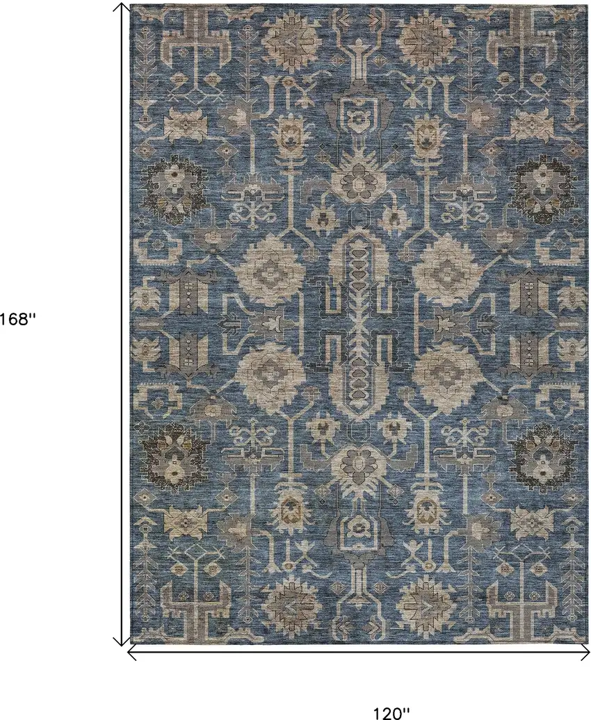 Navy Blue Beige And Taupe Oriental Washable Indoor Outdoor Area Rug Photo 3
