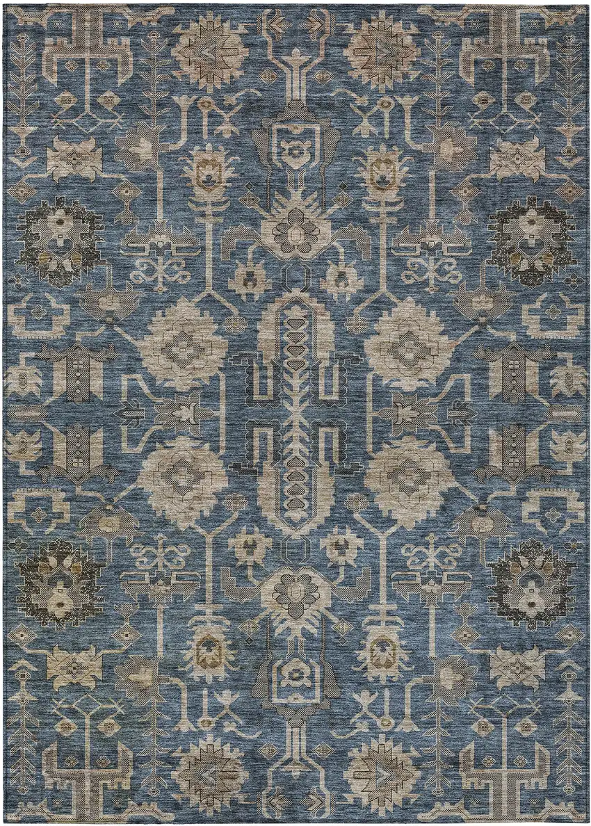 Navy Blue Beige And Taupe Oriental Washable Indoor Outdoor Area Rug Photo 1
