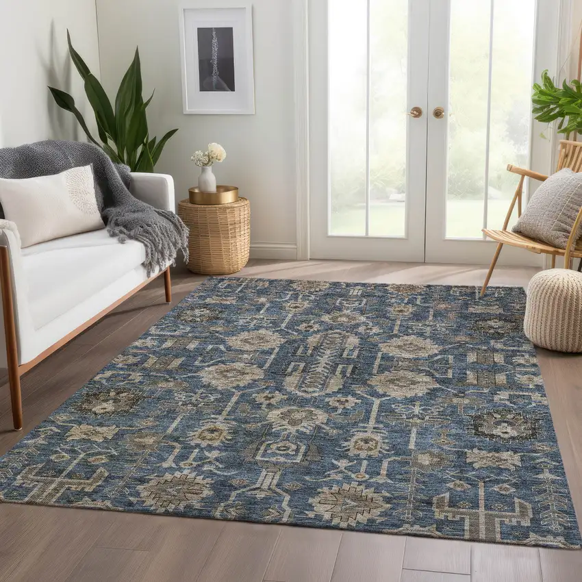 Navy Blue Beige And Taupe Oriental Washable Indoor Outdoor Area Rug Photo 7