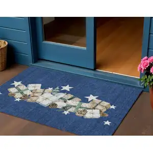 Photo of Navy Blue Beige Ivory And Taupe Geometric Washable Indoor Outdoor Area Rug