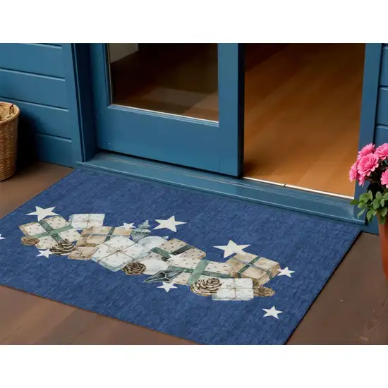 Navy Blue Beige Ivory And Taupe Geometric Washable Indoor Outdoor Area Rug Photo 2