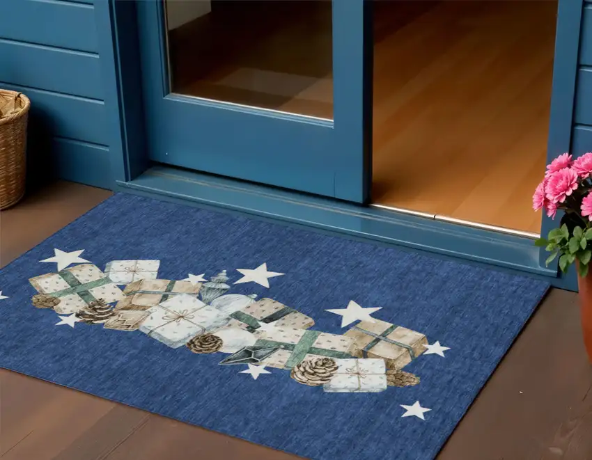 Navy Blue Beige Ivory And Taupe Geometric Washable Indoor Outdoor Area Rug Photo 2