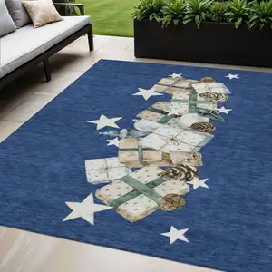 Photo of Navy Blue Beige Ivory And Taupe Geometric Washable Indoor Outdoor Area Rug