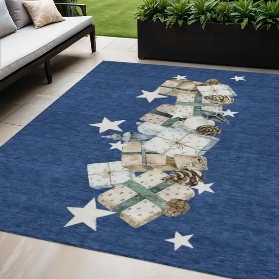 Navy Blue Beige Ivory And Taupe Geometric Washable Indoor Outdoor Area Rug Photo 2