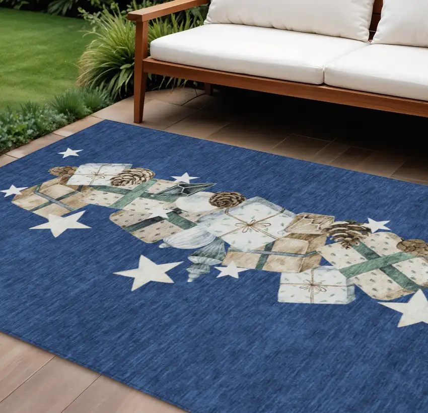 Navy Blue Beige Ivory And Taupe Geometric Washable Indoor Outdoor Area Rug Photo 2