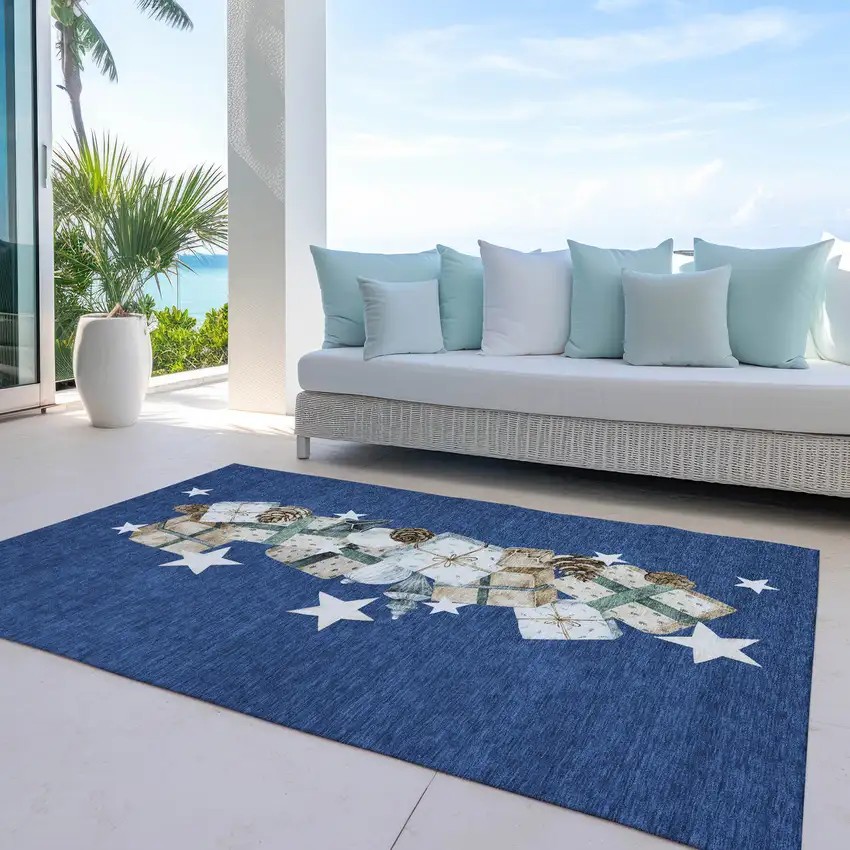 Navy Blue Beige Ivory And Taupe Geometric Washable Indoor Outdoor Area Rug Photo 5