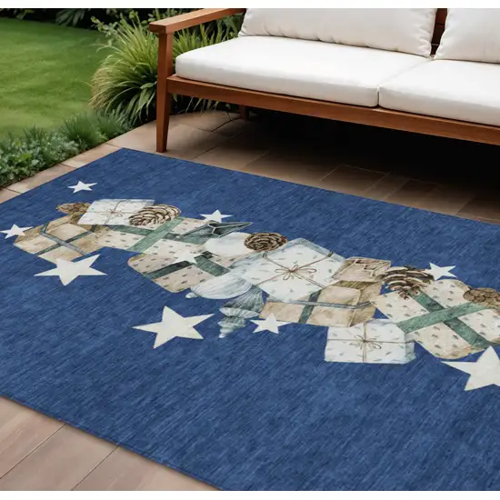 Navy Blue Beige Ivory And Taupe Geometric Washable Indoor Outdoor Area Rug Photo 2