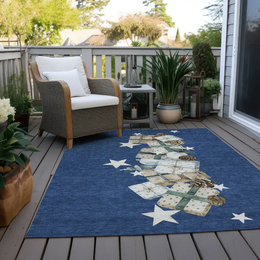 Navy Blue Beige Ivory And Taupe Geometric Washable Indoor Outdoor Area Rug Photo 7