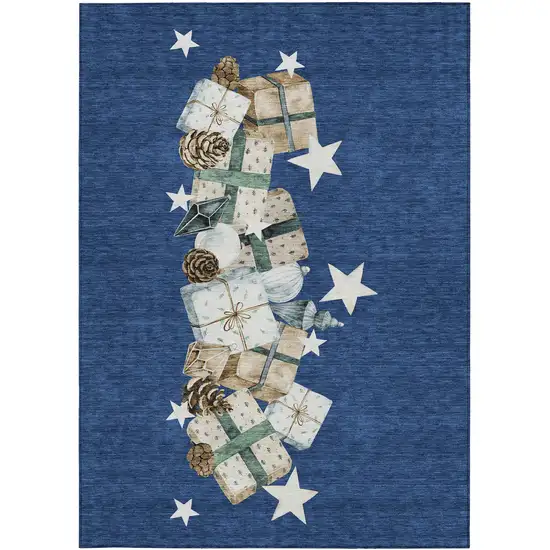 Navy Blue Beige Ivory And Taupe Geometric Washable Indoor Outdoor Area Rug Photo 9