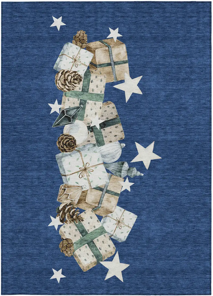 Navy Blue Beige Ivory And Taupe Geometric Washable Indoor Outdoor Area Rug Photo 9