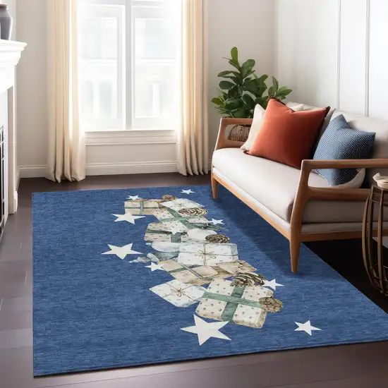 Navy Blue Beige Ivory And Taupe Geometric Washable Indoor Outdoor Area Rug Photo 6