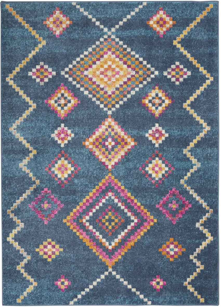 Navy Blue Yellow And Pink Southwestern Distressed Area Rug Photo 1