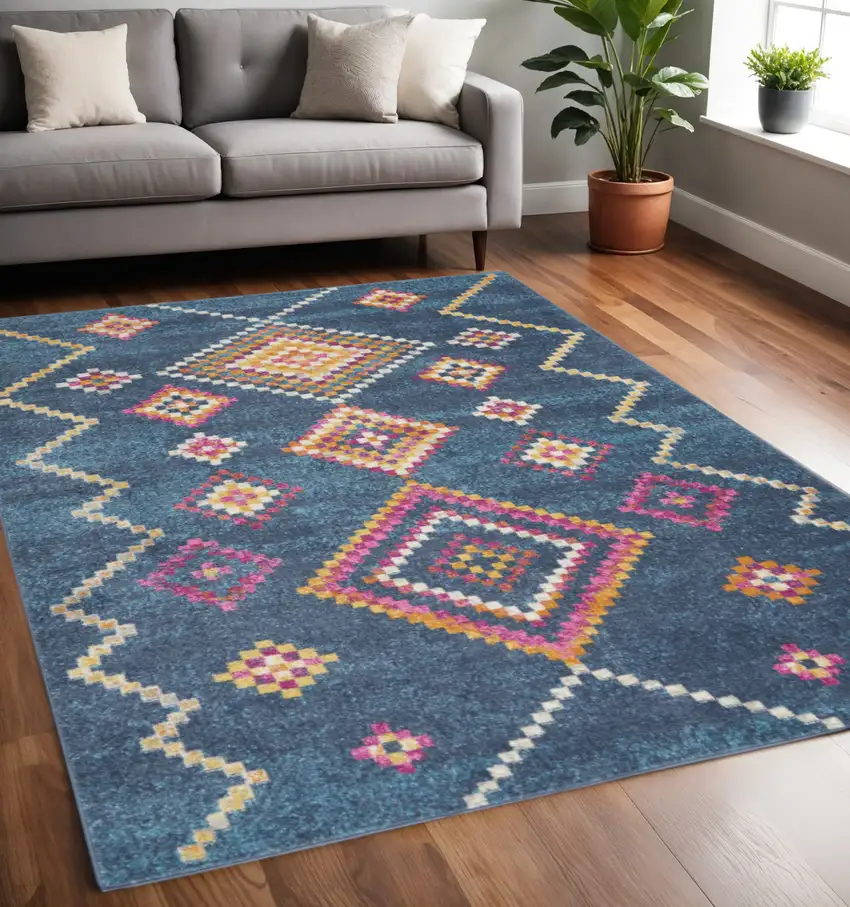 Navy Blue Yellow And Pink Southwestern Distressed Area Rug Photo 2