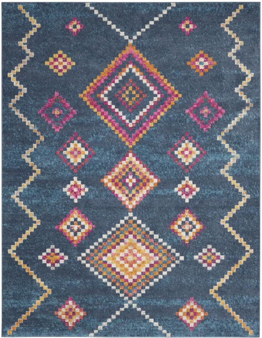 Navy Blue Yellow And Pink Southwestern Distressed Area Rug Photo 1