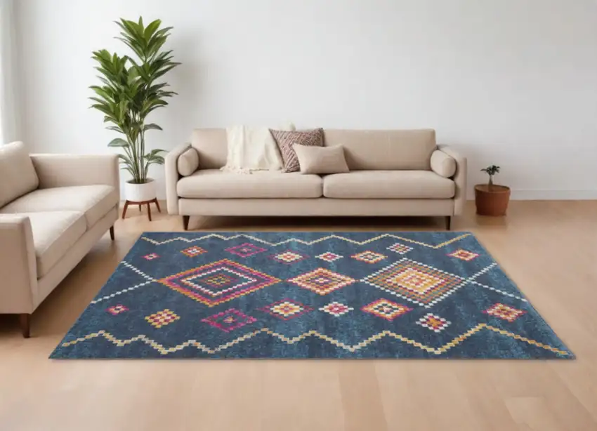 Navy Blue Yellow And Pink Southwestern Distressed Area Rug Photo 2