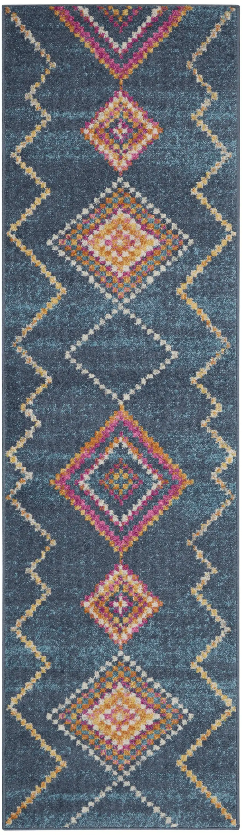 8' Navy Blue Yellow And Pink Southwestern Distressed Runner Rug Photo 1