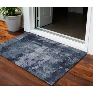 Photo of Navy Blue Black And Gray Abstract Washable Indoor Outdoor Area Rug
