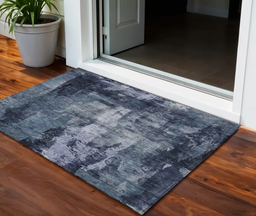 Navy Blue Black And Gray Abstract Washable Indoor Outdoor Area Rug Photo 1