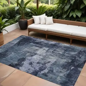 Photo of Navy Blue Black And Gray Abstract Washable Indoor Outdoor Area Rug