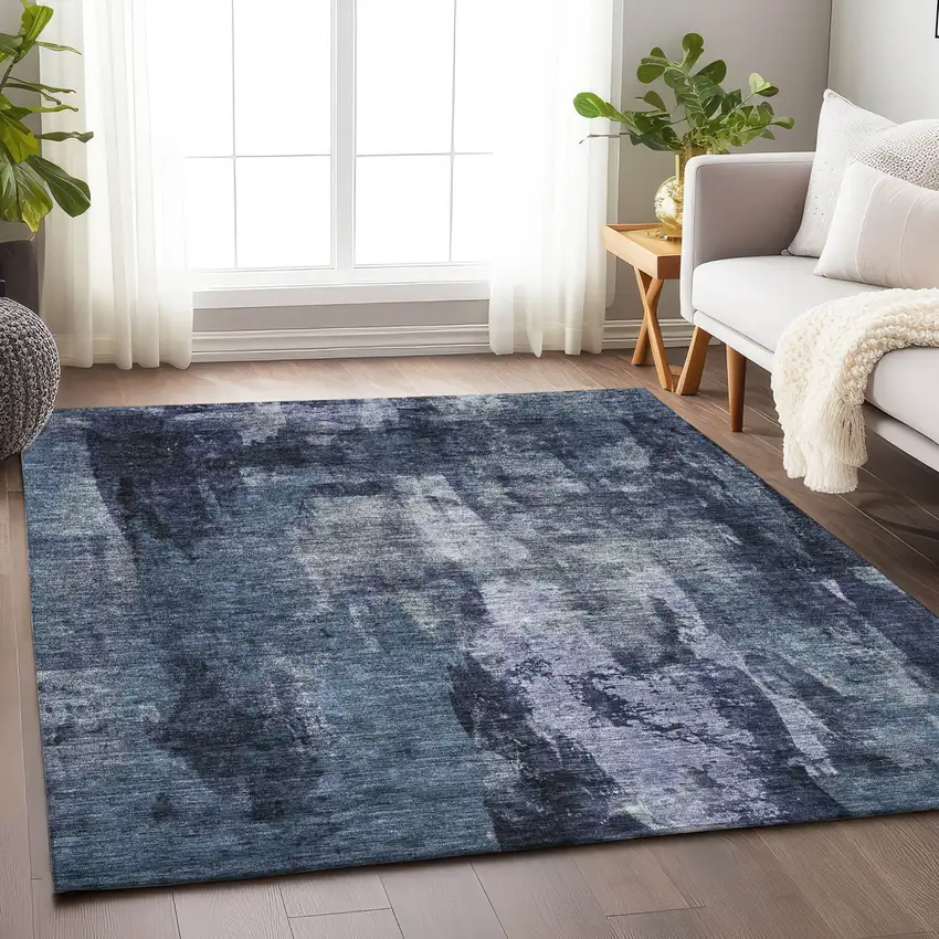 Navy Blue Black And Gray Abstract Washable Indoor Outdoor Area Rug Photo 7