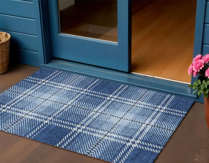 Navy Blue Black And Ivory Plaid Washable Indoor Outdoor Area Rug Photo 1