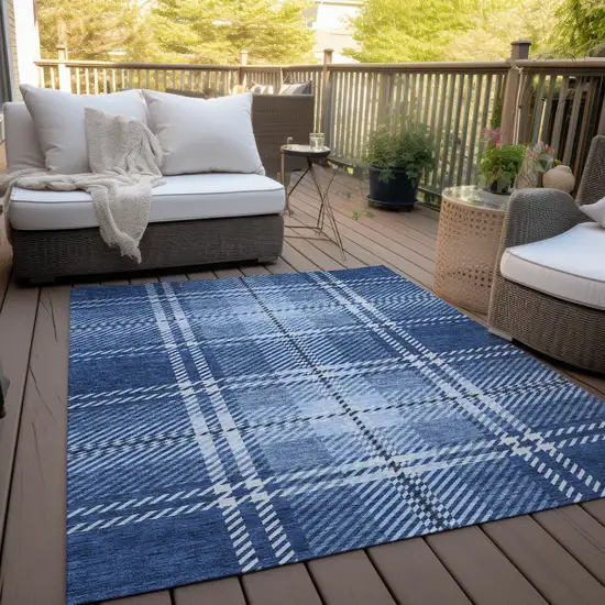 Navy Blue Black And Ivory Plaid Washable Indoor Outdoor Area Rug Photo 9