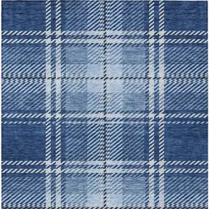 Photo of Navy Blue Black And Ivory Plaid Washable Indoor Outdoor Area Rug
