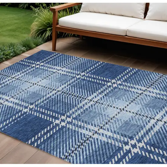 Navy Blue Black And Ivory Plaid Washable Indoor Outdoor Area Rug Photo 1