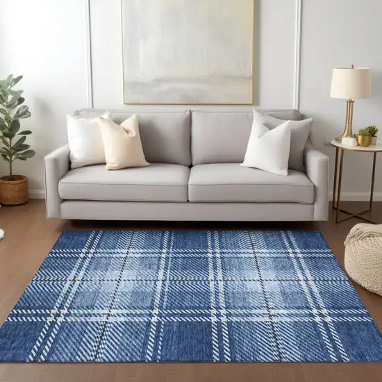 Navy Blue Black And Ivory Plaid Washable Indoor Outdoor Area Rug Photo 9