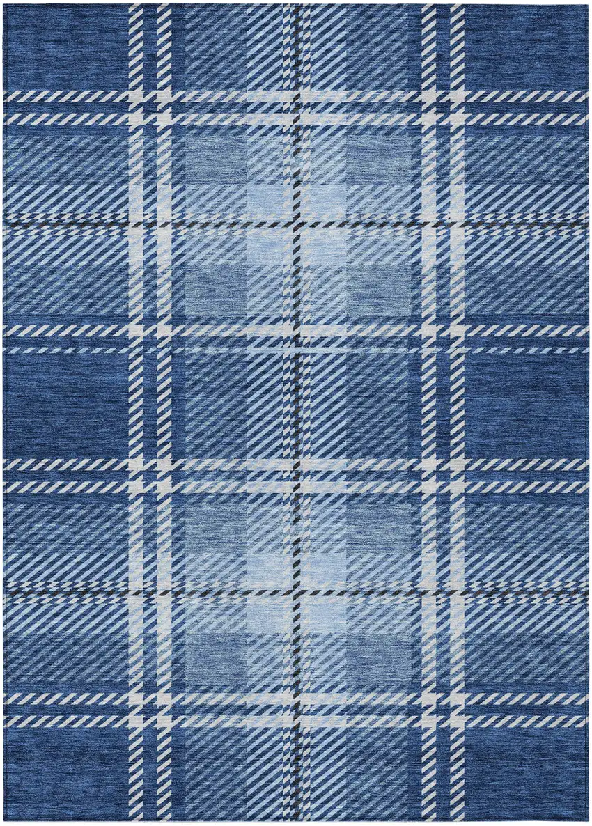 Navy Blue Black And Ivory Plaid Washable Indoor Outdoor Area Rug Photo 2