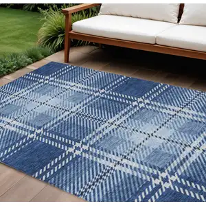 Photo of Navy Blue Black And Ivory Plaid Washable Indoor Outdoor Area Rug