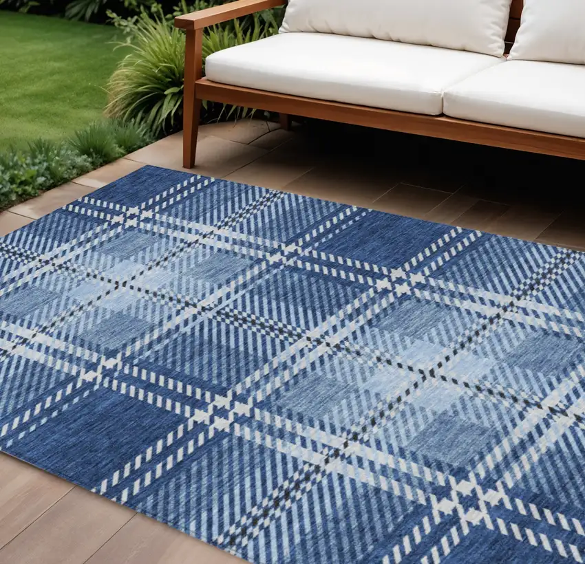 Navy Blue Black And Ivory Plaid Washable Indoor Outdoor Area Rug Photo 1