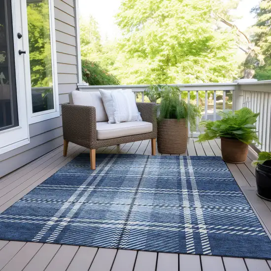 Navy Blue Black And Ivory Plaid Washable Indoor Outdoor Area Rug Photo 7