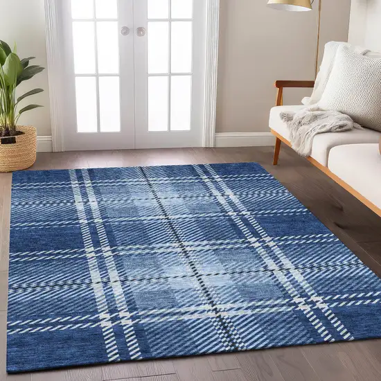 Navy Blue Black And Ivory Plaid Washable Indoor Outdoor Area Rug Photo 8