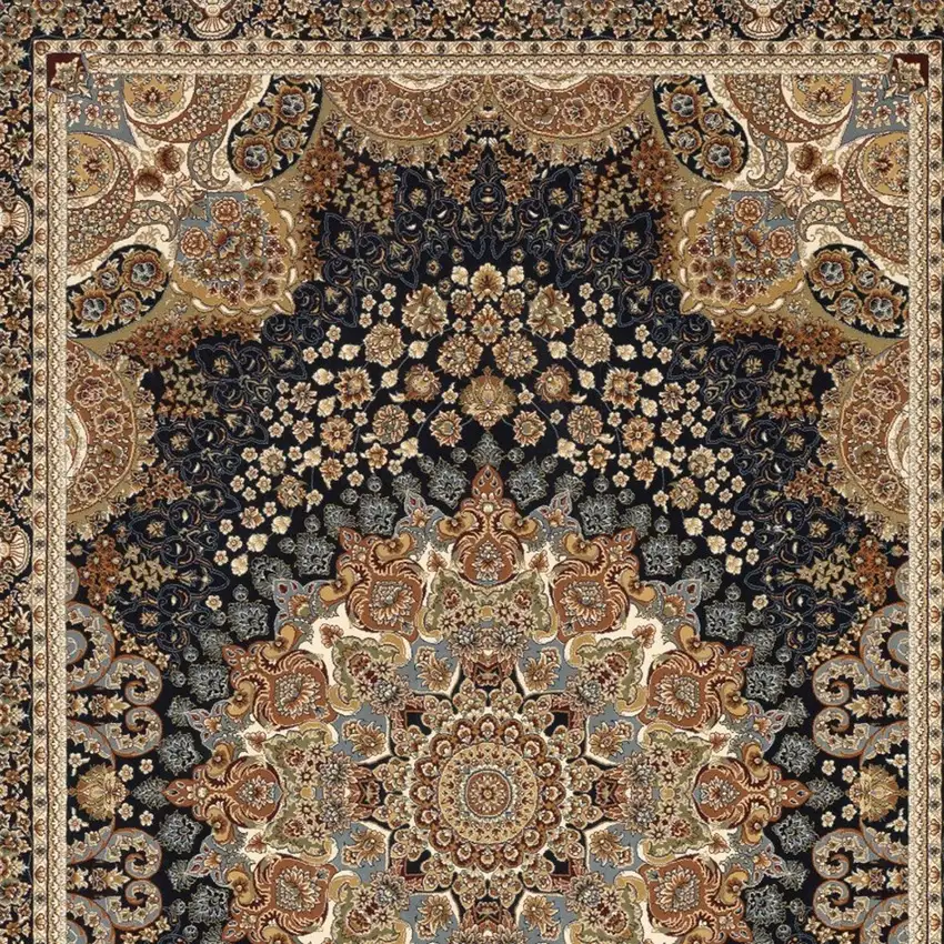 Navy Blue Black And Tan Medallion Area Rug With Fringe Photo 8