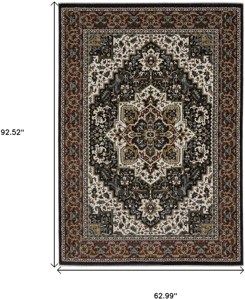 Navy Blue Black And Tan Medallion Area Rug With Fringe Photo 3