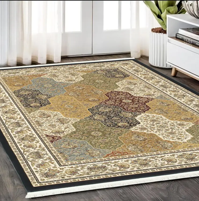 Navy Blue Black And White Oriental Area Rug With Fringe Photo 1