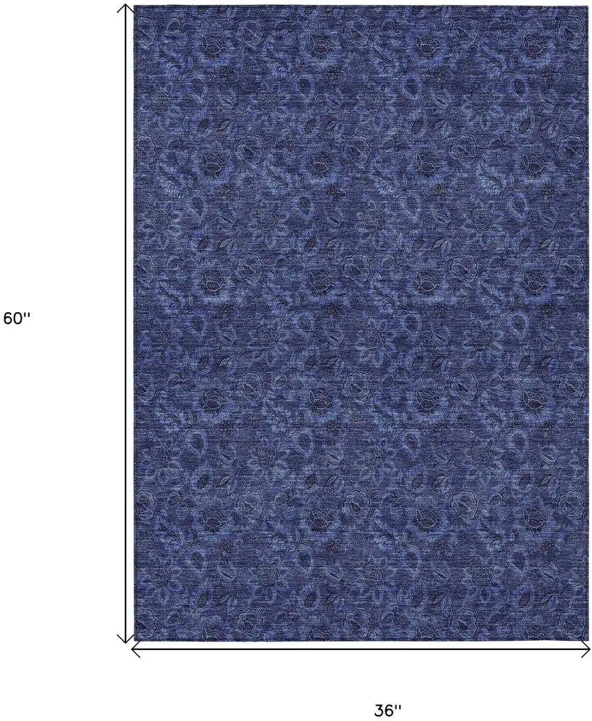 Navy Blue Blue And Charcoal Floral Washable Indoor Outdoor Area Rug Photo 3