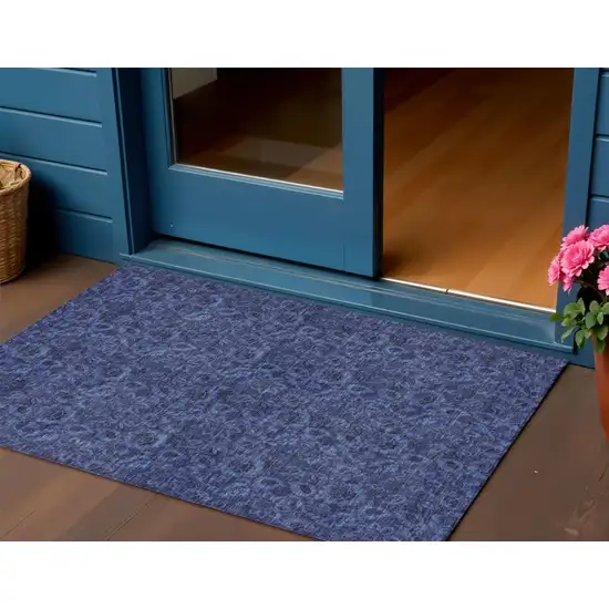 Navy Blue Blue And Charcoal Floral Washable Indoor Outdoor Area Rug Photo 1