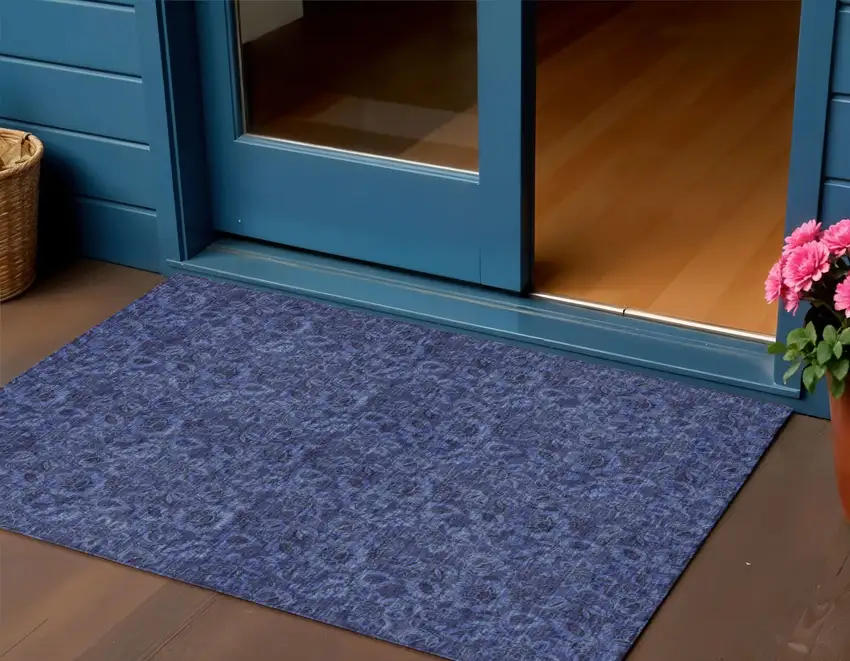 Navy Blue Blue And Charcoal Floral Washable Indoor Outdoor Area Rug Photo 1