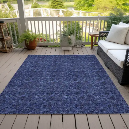 Navy Blue Blue And Charcoal Floral Washable Indoor Outdoor Area Rug Photo 8