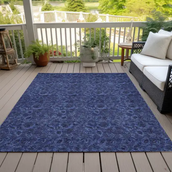 Navy Blue Blue And Charcoal Floral Washable Indoor Outdoor Area Rug Photo 8