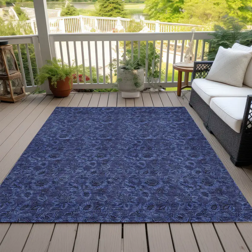 Navy Blue Blue And Charcoal Floral Washable Indoor Outdoor Area Rug Photo 8