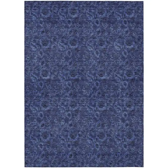 Navy Blue Blue And Charcoal Floral Washable Indoor Outdoor Area Rug Photo 2
