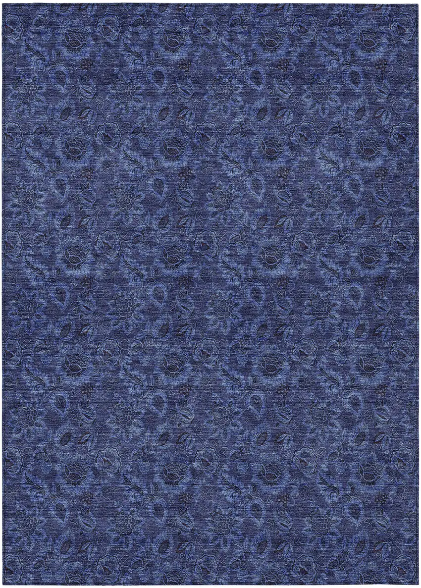 Navy Blue Blue And Charcoal Floral Washable Indoor Outdoor Area Rug Photo 2